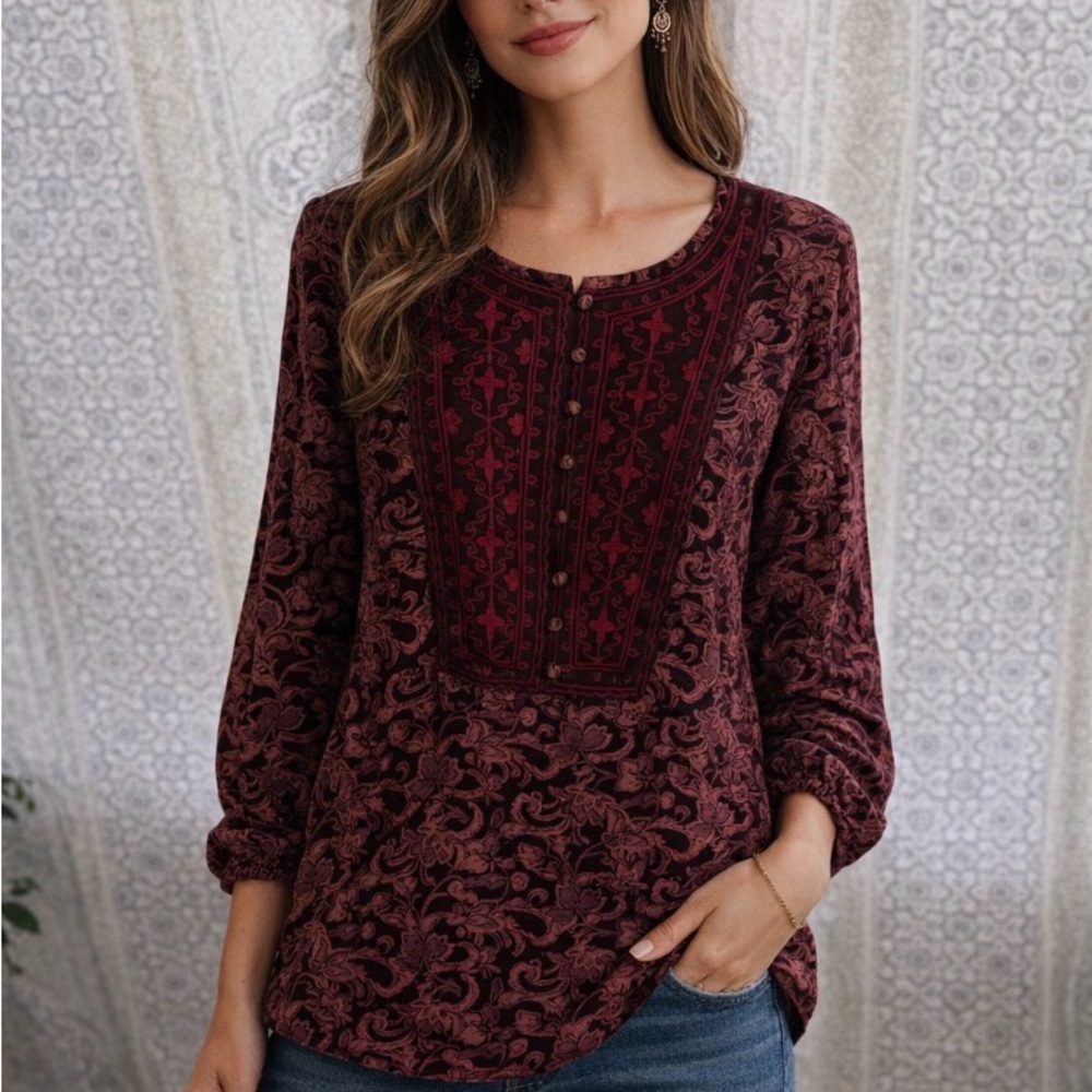 Lucky Brand Women's Embroidered Button Front Long-Sleeve Top